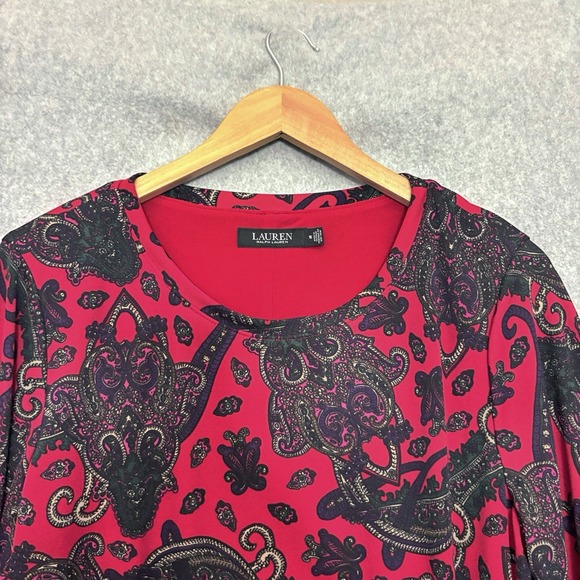 Lauren Ralph Lauren Midi Dress Red Ruched Sz Plus 16 Stretch Long Slv Paisley - Picture 3 of 7